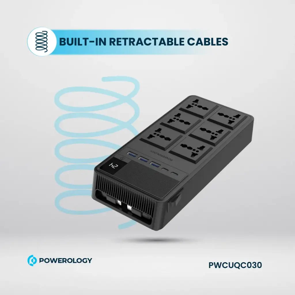 Powerology 2500W 6AC Power Strip with Built-In Retractable Cables - Black - Image 5