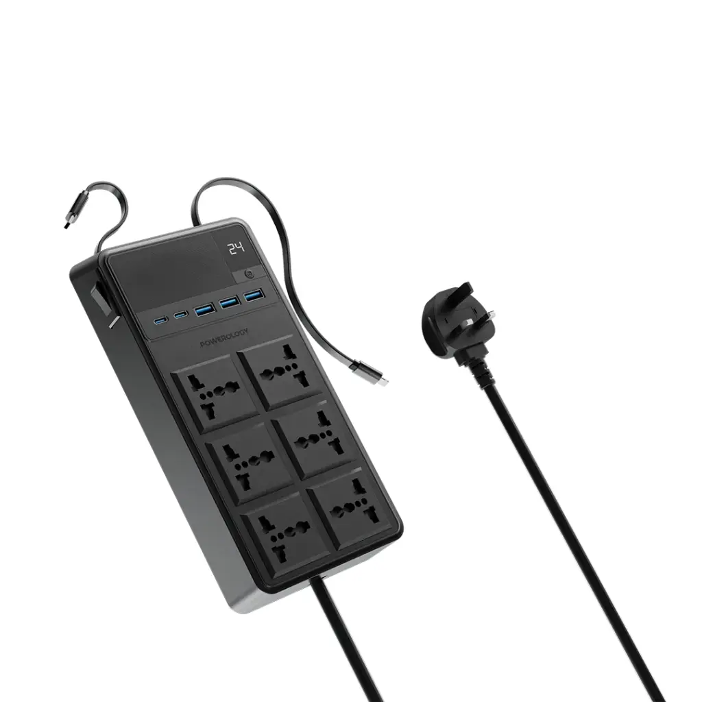 Powerology 2500W 6AC Power Strip with Built-In Retractable Cables - Black - Image 2