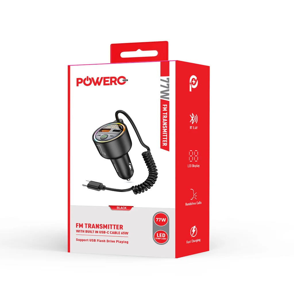 Powero Plus FM Transmitter With Built-in USB-C Cable 65W - Image 4
