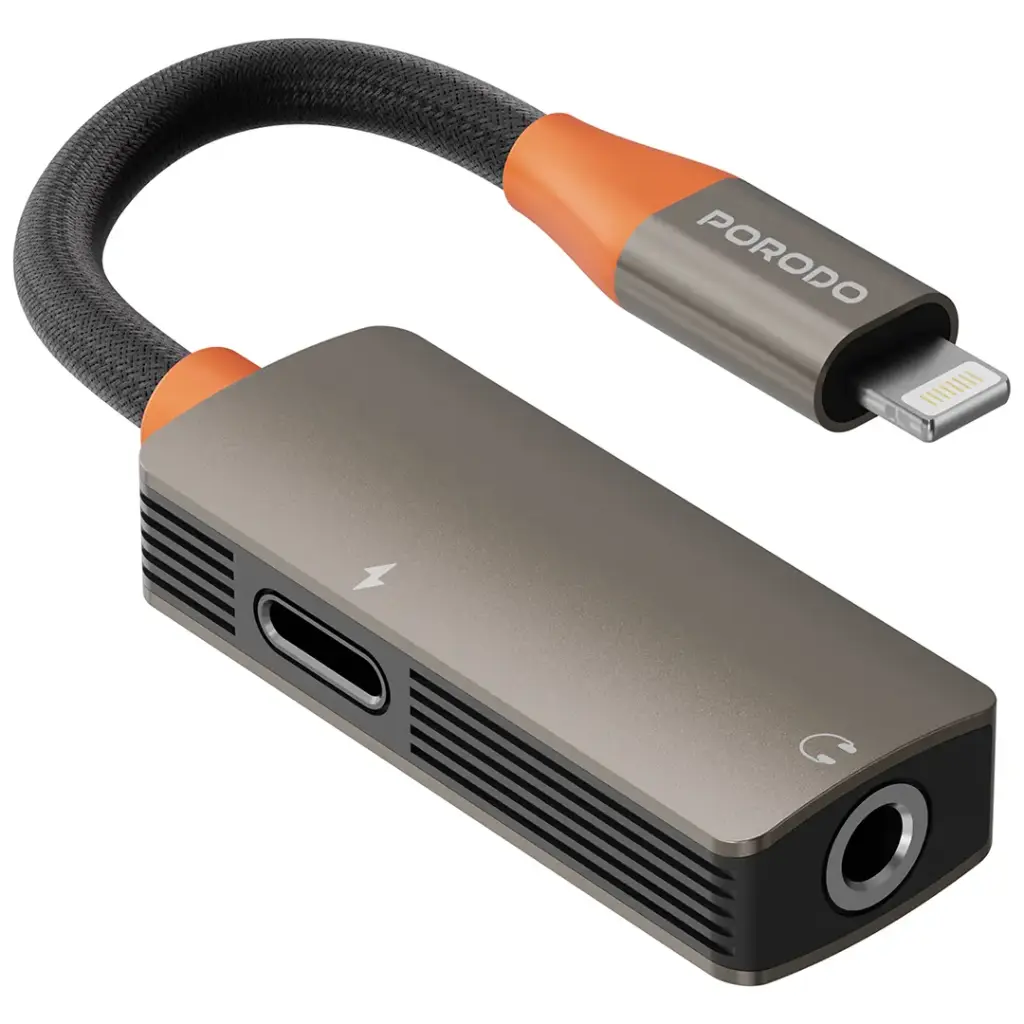 Porodo AudioLink Duo Lightning + 3.5mm Jack Audio and Charge Splitter - Black & Orange