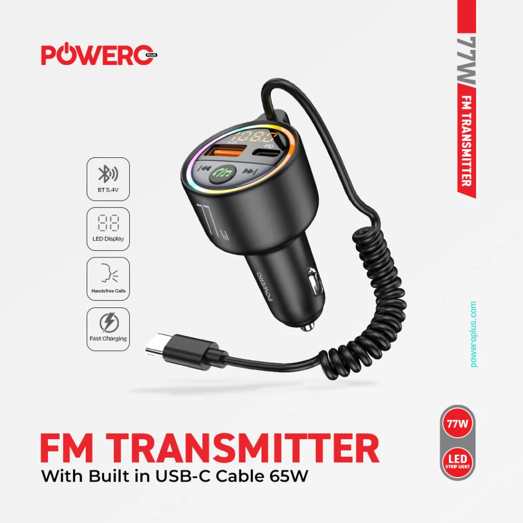 Powero Plus FM Transmitter With Built-in USB-C Cable 65W - Image 3