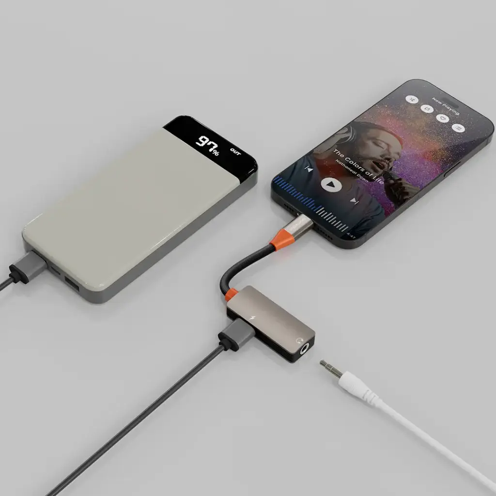Porodo AudioLink Duo Lightning + 3.5mm Jack Audio and Charge Splitter - Black & Orange - Image 2