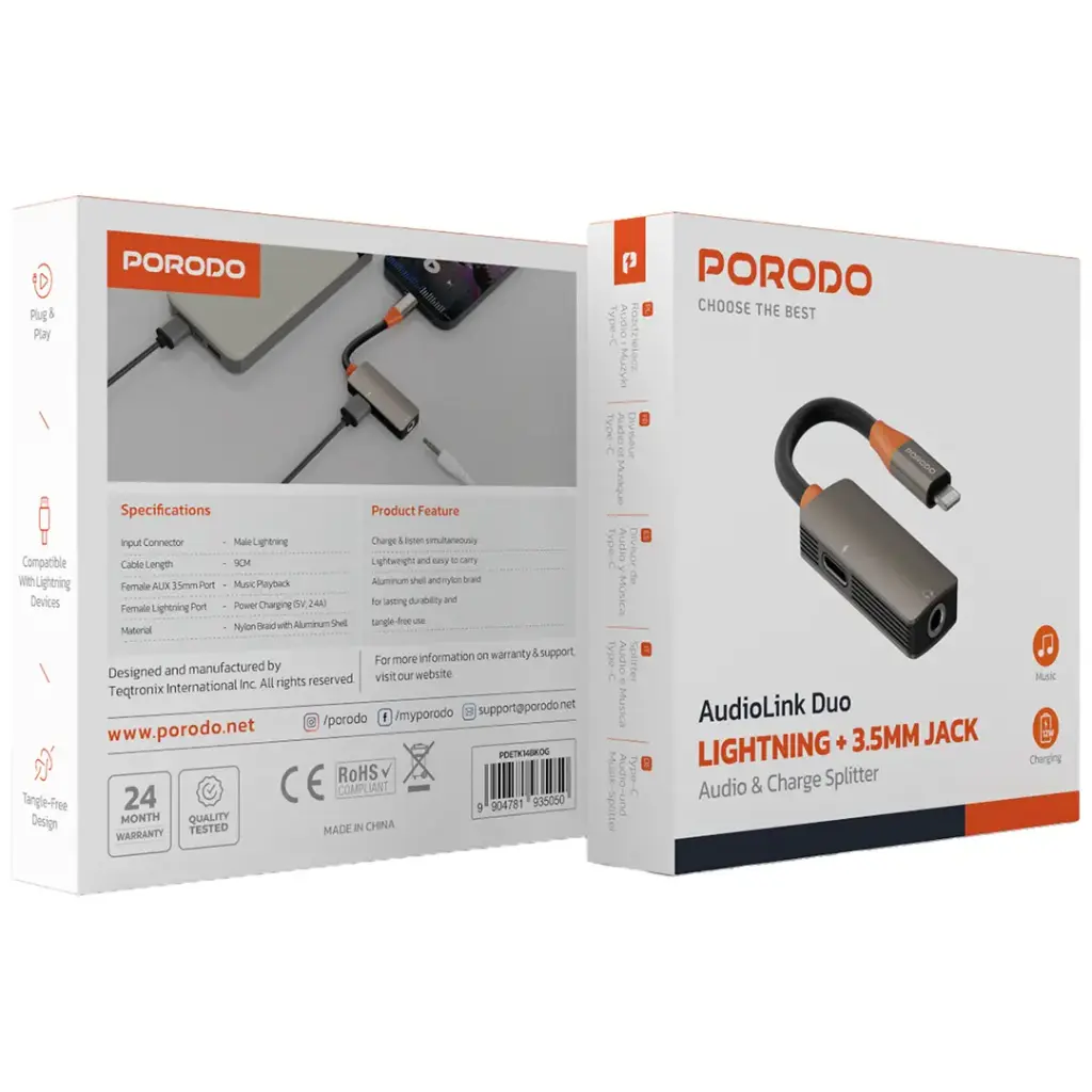Porodo AudioLink Duo Lightning + 3.5mm Jack Audio and Charge Splitter - Black & Orange - Image 3