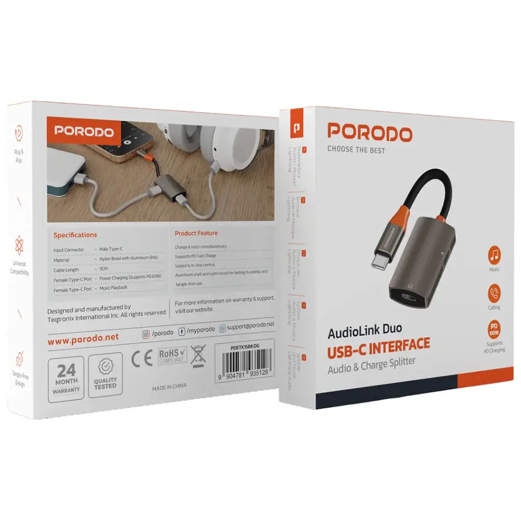 Porodo AudioLink Duo USB-C Interface Audio and Charge Splitter - Black & Orange - Image 3