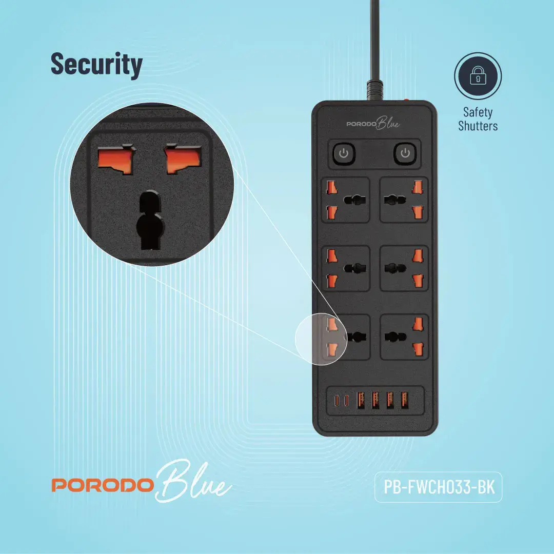 Porodo Blue 6 AC - Dual Switch Power Strip - Black - Image 5
