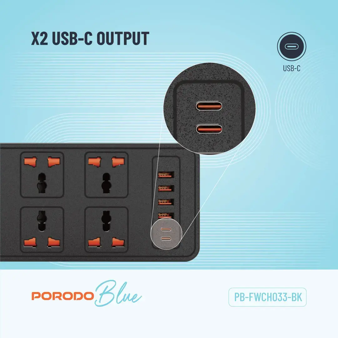 Porodo Blue 6 AC - Dual Switch Power Strip - Black - Image 3