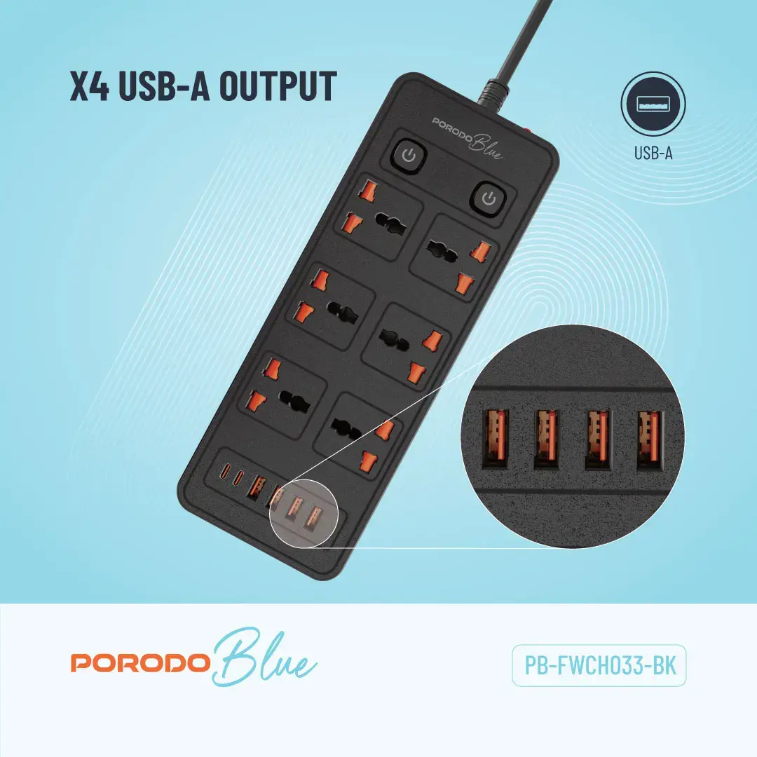 Porodo Blue 6 AC - Dual Switch Power Strip - Black - Image 4