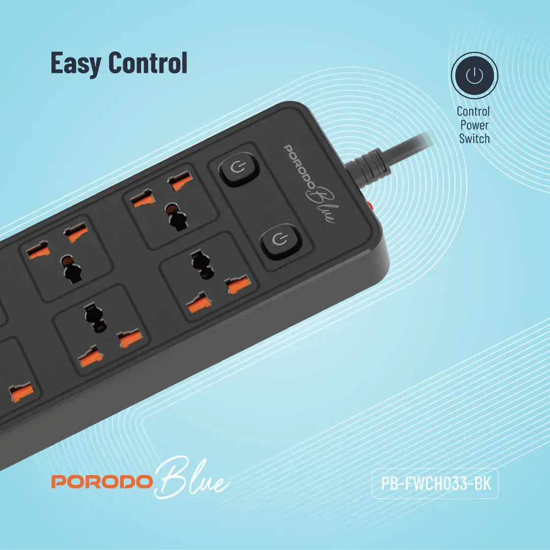 Porodo Blue 6 AC - Dual Switch Power Strip - Black - Image 2