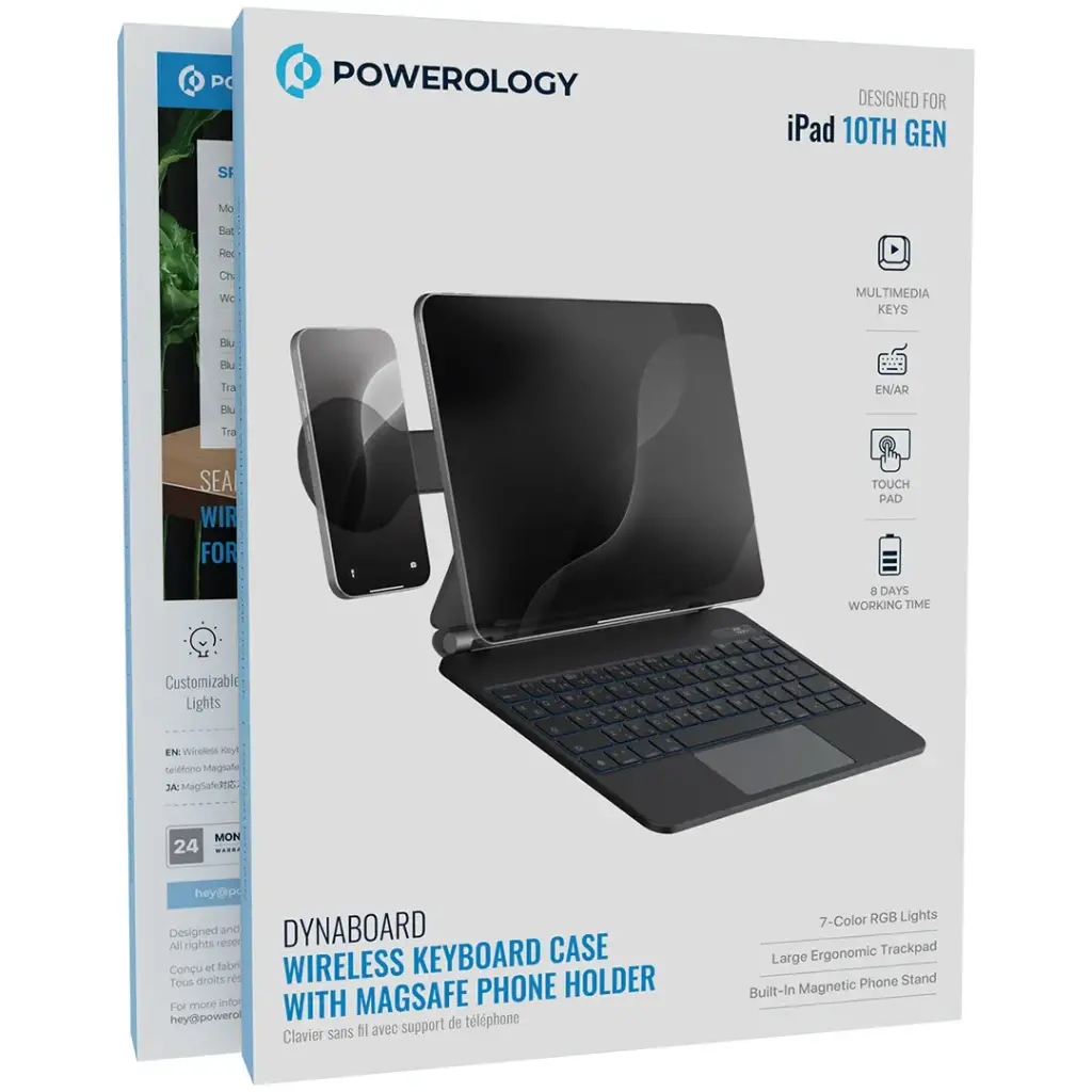 Powerology DynaBoard Wireless Keyboard Case with MagSafe Phone Holder for iPad 10th Gen - Black - Image 3