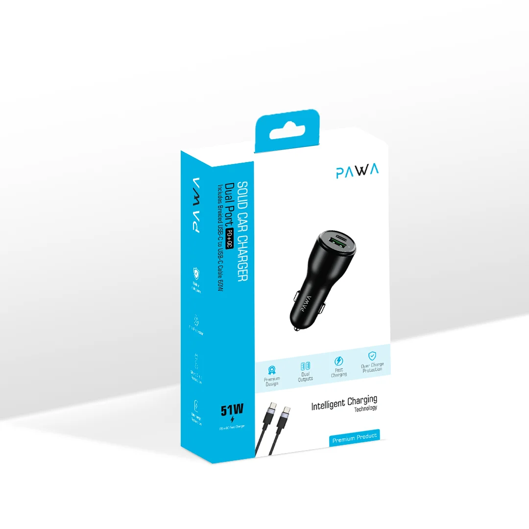 Pawa Solid Car Charger Dual Port PD+QC Includes Braided USB-C to USB-C Cable 60W - Image 5