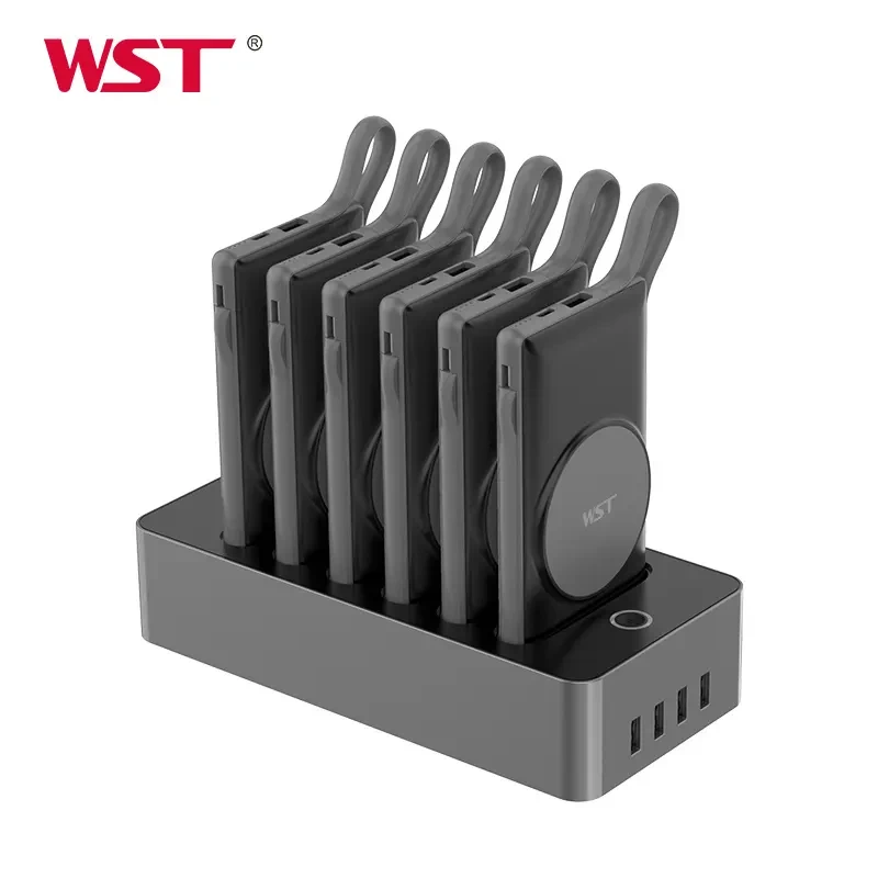 WST 6 In 1 Wireless Power Bank Docking Station (6 X 10,000 mAh), Aluminum + Abs Material,ith Built-in Cable (Lightning/Micro USB/Type C)