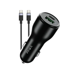 Pawa Solid Car Charger Dual Port PD+QC Includes Braided USB-C to USB-C Cable 60W