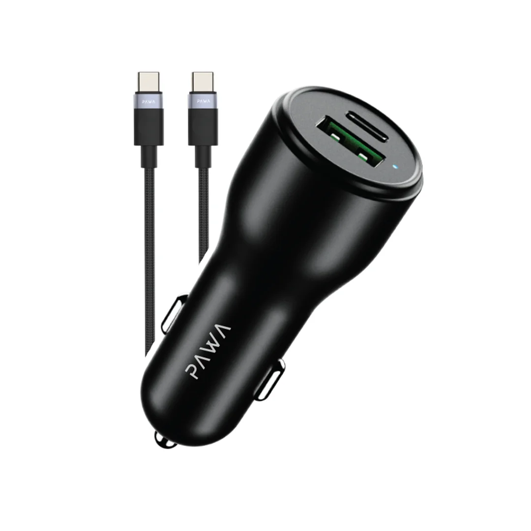 Pawa Solid Car Charger Dual Port PD+QC Includes Braided USB-C to USB-C Cable 60W