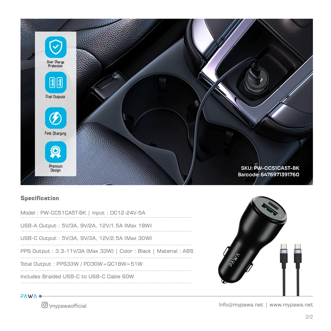 Pawa Solid Car Charger Dual Port PD+QC Includes Braided USB-C to USB-C Cable 60W - Image 4