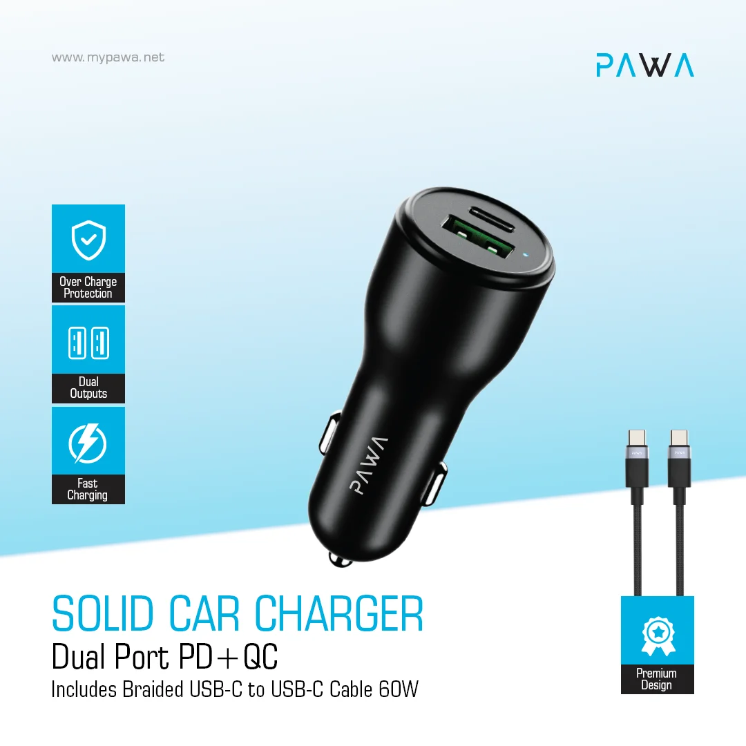 Pawa Solid Car Charger Dual Port PD+QC Includes Braided USB-C to USB-C Cable 60W - Image 3