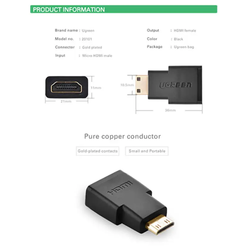 UGREEN 20101 Mini HDMI Male to HDMI Female Adapter - Black - Image 2