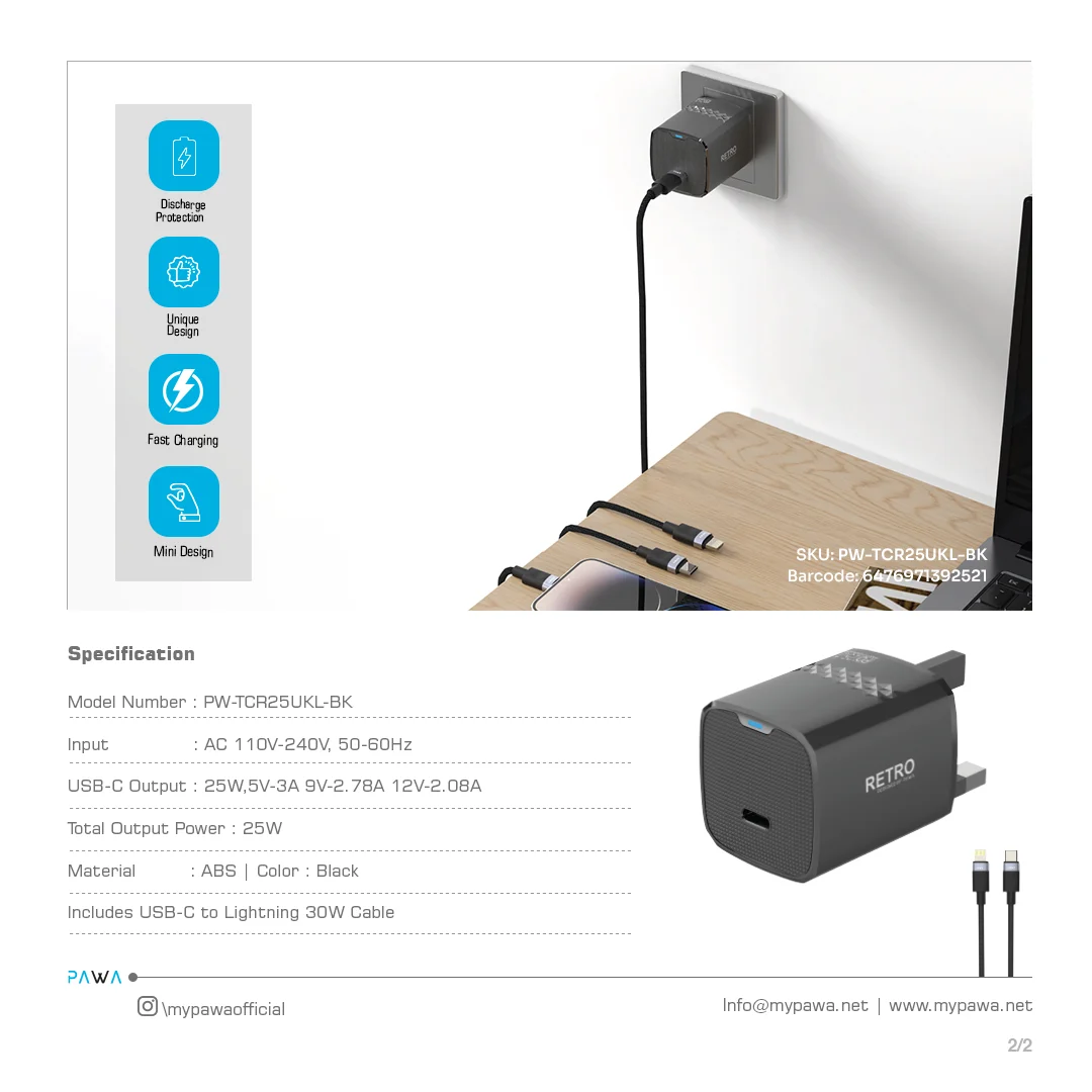 Pawa Retro PD25W Only PD Port UK Charger With USB-C to Lightning Cable - Black - Image 4
