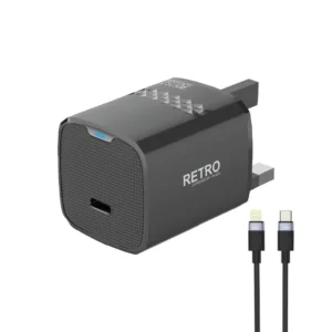 Pawa Retro PD25W Only PD Port UK Charger With USB-C to Lightning Cable - Black