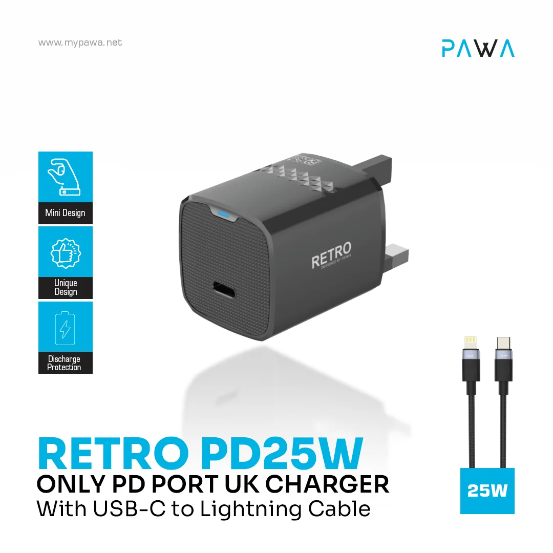 Pawa Retro PD25W Only PD Port UK Charger With USB-C to Lightning Cable - Black - Image 3