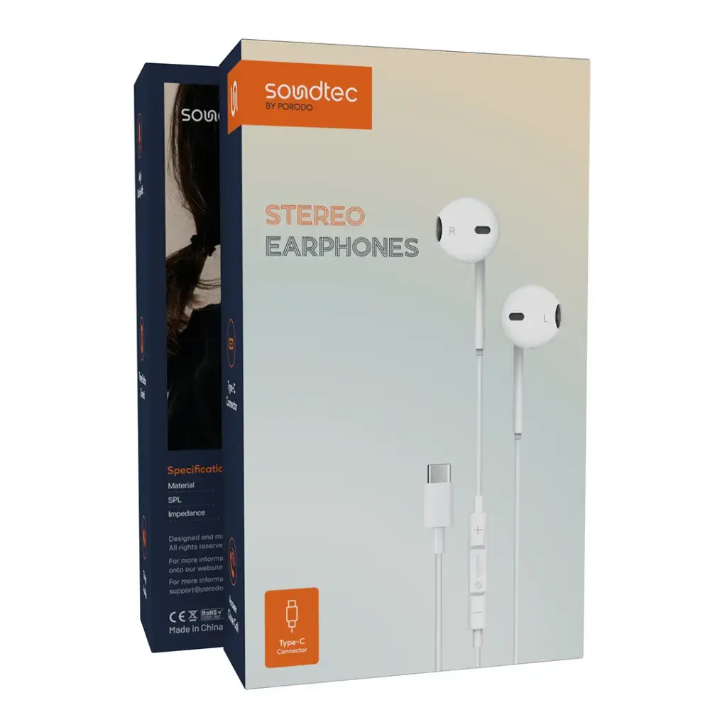 Porodo Soundtec Stereo Earphones Type-C with High-Clarify Mic - White - Image 2