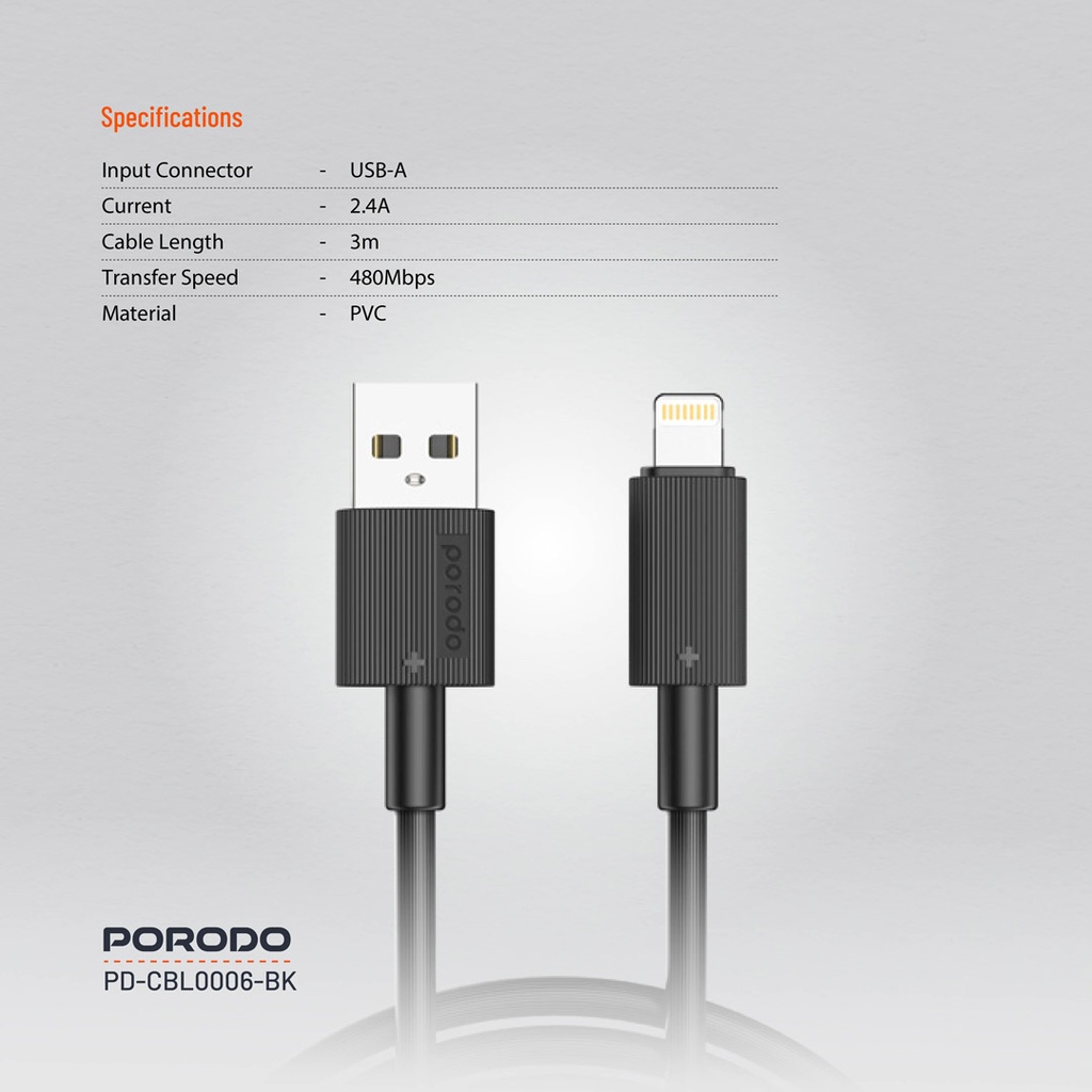 Porodo USB-A to Lightning Durable Charging Cable - Black - Image 2