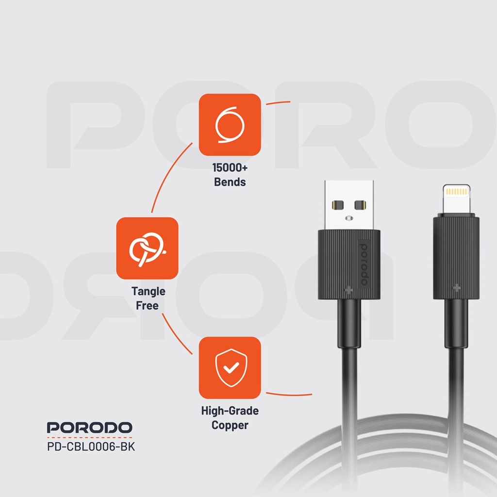Porodo USB-A to Lightning Durable Charging Cable - Black - Image 3
