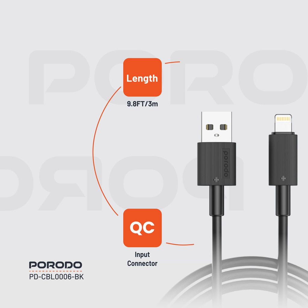 Porodo USB-A to Lightning Durable Charging Cable - Black - Image 7