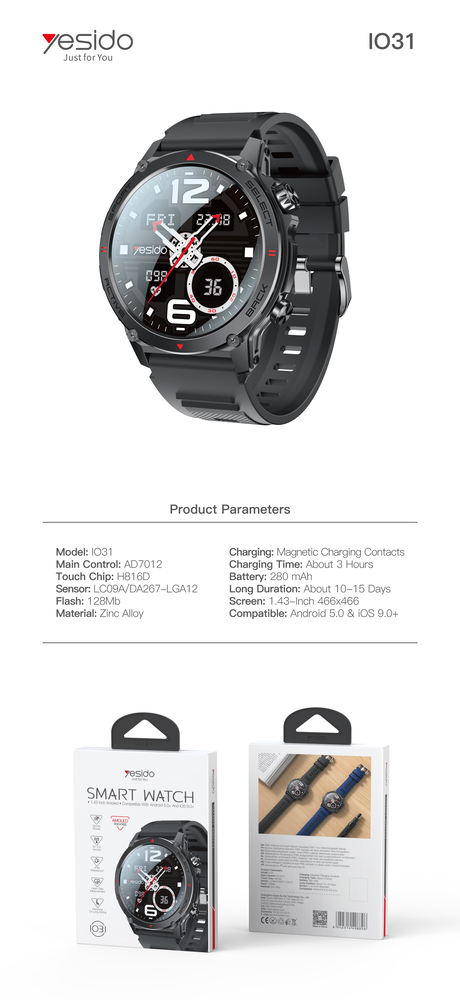 Yesido IO31 Smartwatch 1.43-inch AMOLED Display - Black - Image 2