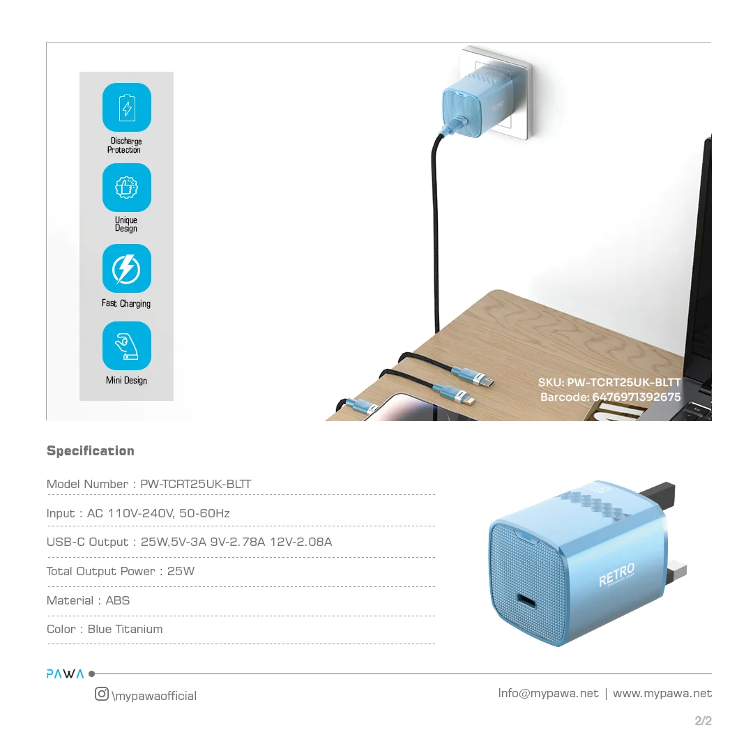 Pawa Retro PD25W Only PD Port UK Charger - Blue - Image 4