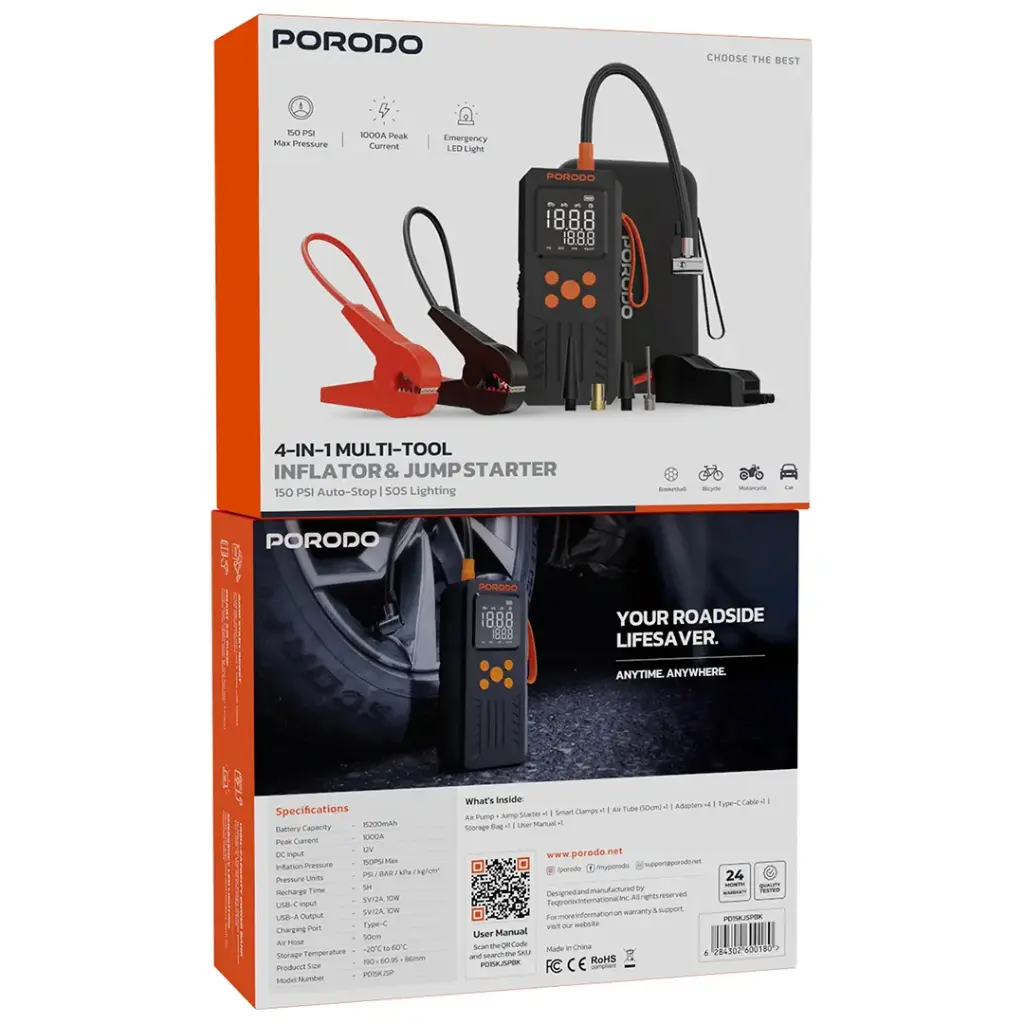 Porodo 4-in-1 Multifunctional Air Pump and Car Starter with 150PSI, Auto Stop, and SOS Light - Black - Image 5