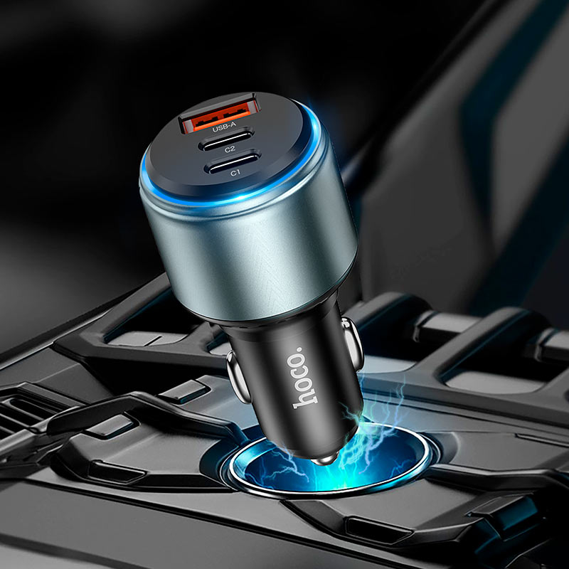 HOCO Car Charger 2XUSB-C PD 95W + USB QC3.0 NZ9 - Black - Image 2