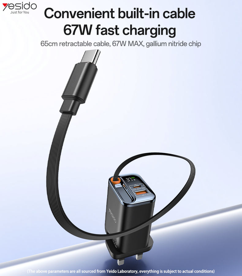 Yesido GaN 67W Fast Charging Three Ports Built-in 65CM Retractable Cable UK Plug Travel Charger YC146 - Image 2