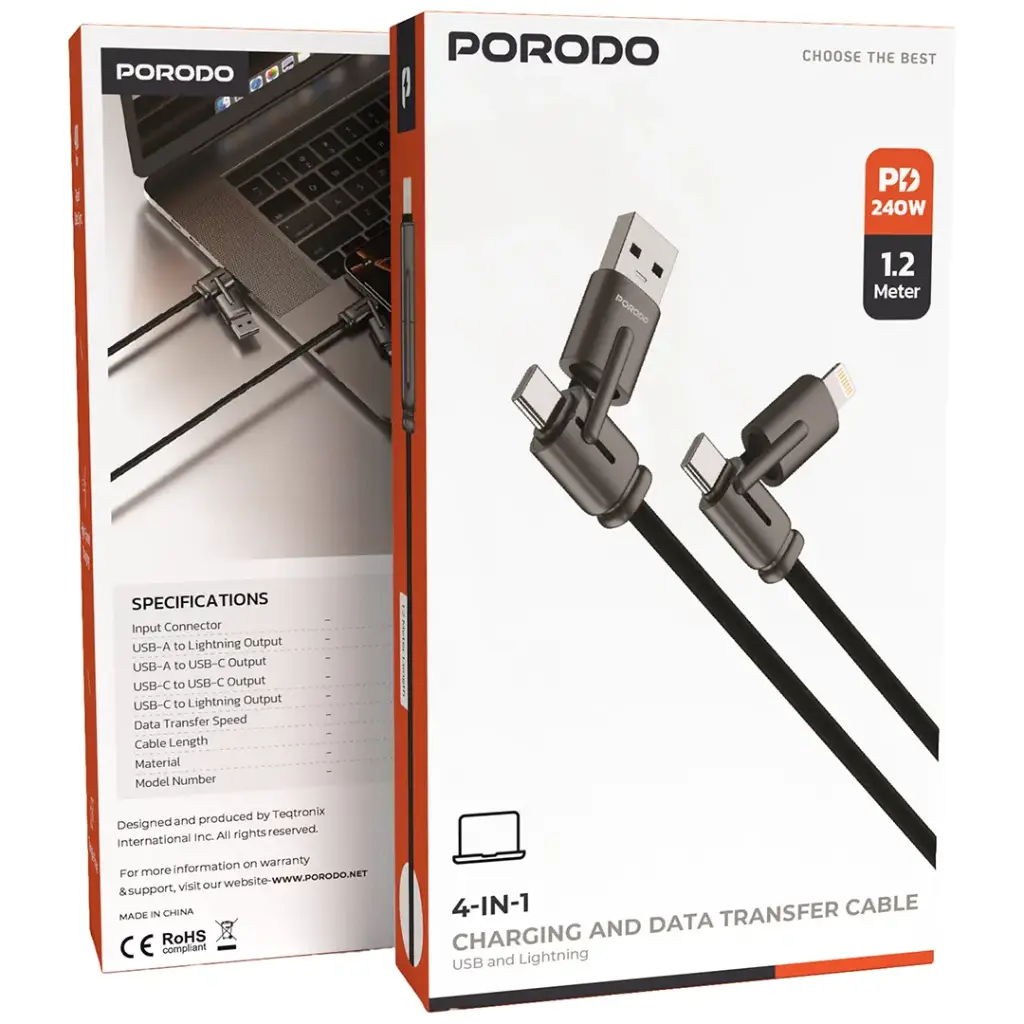 Porodo 4-In-1 Charging And Data Transfer Cable - Black - Image 5