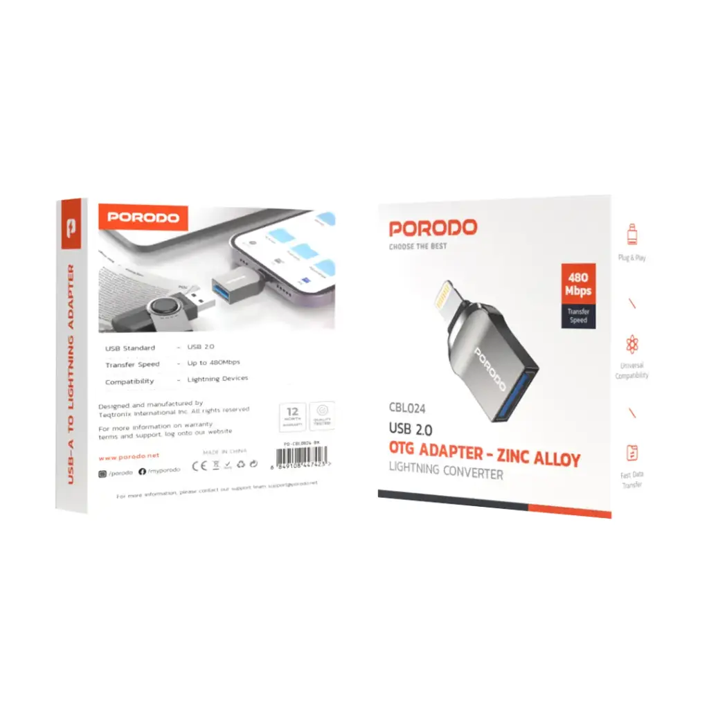 Porodo Lightning OTG Adapter - Zinc Alloy - Black - Image 2