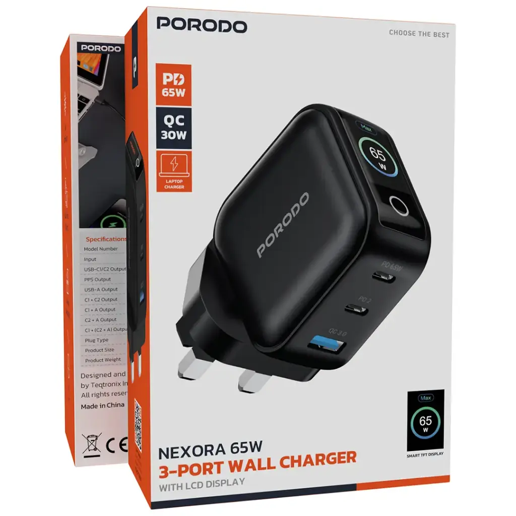 Porodo Nexora 65W 3-Port Wall Charger with LCD Display - Black - Image 2