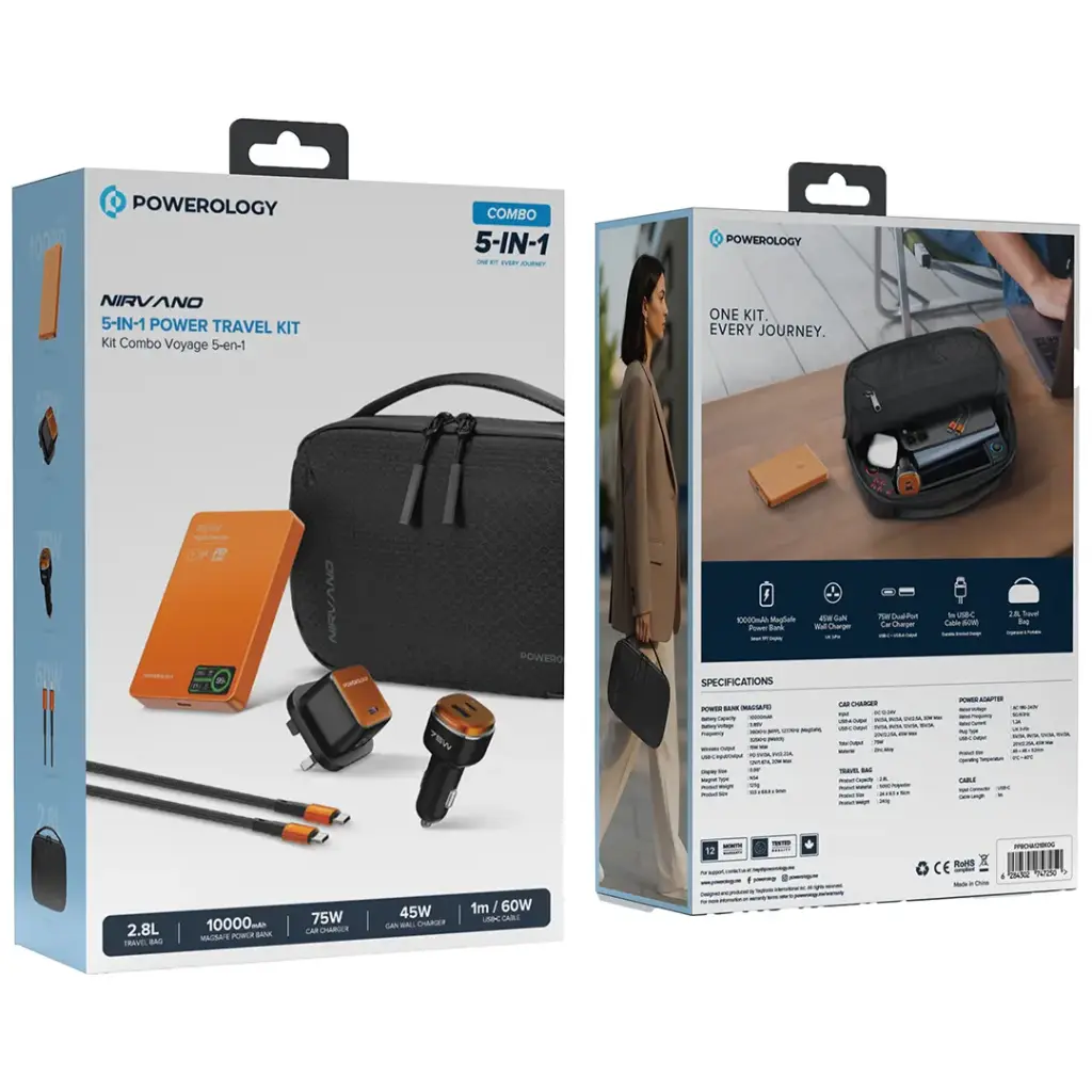 Powerology Nirvano 5-In-1 Power Travel Kit - Black/Orange - Image 7