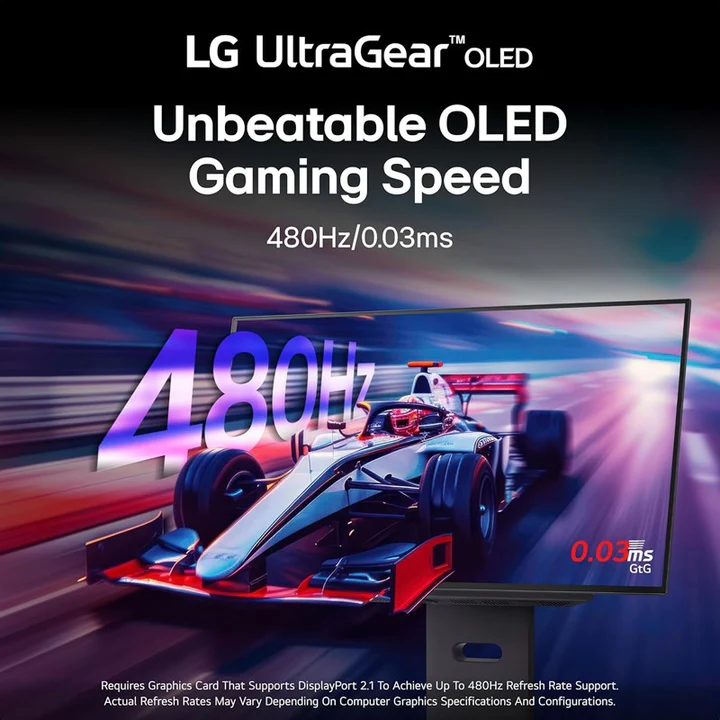 LG UltraGear OLED 27-Inch QHD 480 Hz, 0.03 ms, HDMI 2.1 G-Sync Compatible, AMD FreeSync Premium Pro Gaming Monitor - Black - Image 2