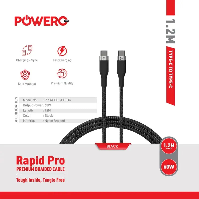 PowerO+ Rapid Pro Premium Braided Cable 60W / 1.2 Meter Type-C - Black - Image 2