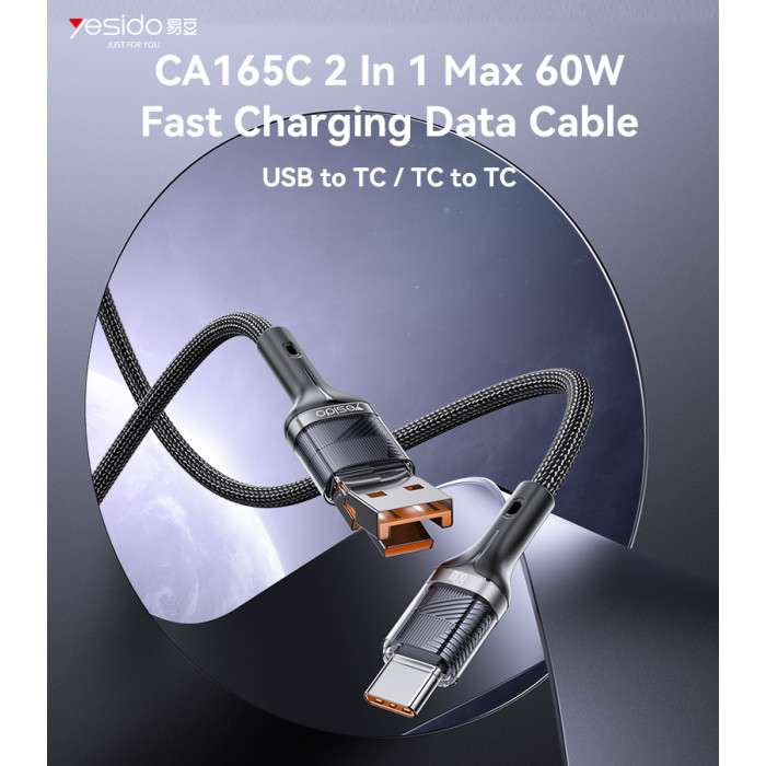 Yesido CA165C 2 in 1 60W Fast Charging High-density Braided Body USB/Type-C To Type-C Data Cable - Image 2