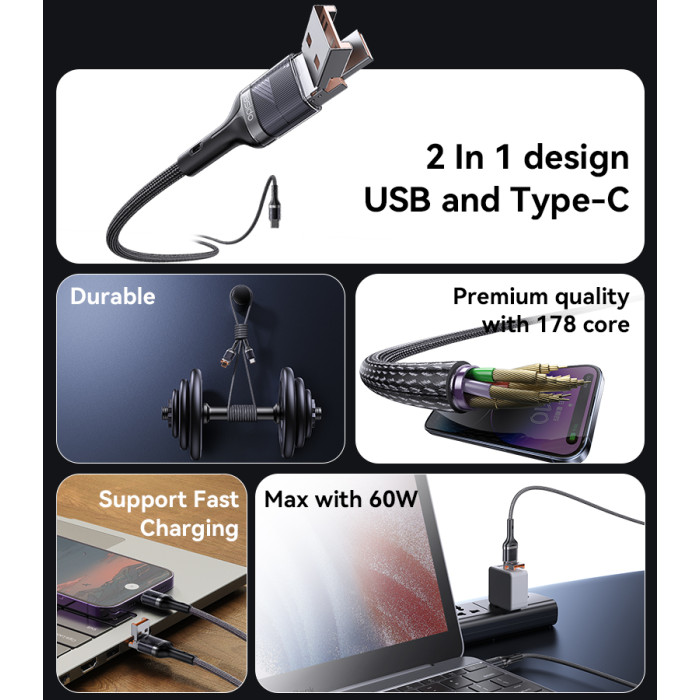 Yesido CA165C 2 in 1 60W Fast Charging High-density Braided Body USB/Type-C To Type-C Data Cable - Image 3