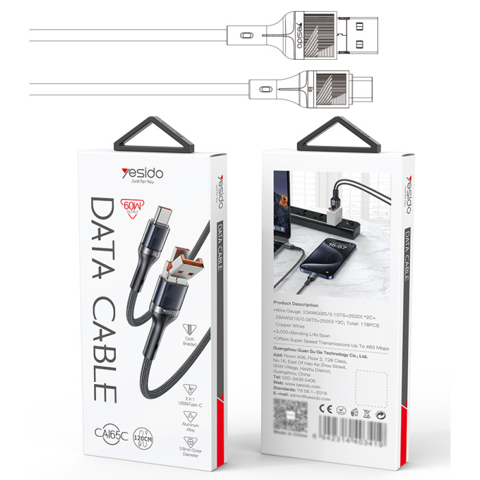 Yesido CA165C 2 in 1 60W Fast Charging High-density Braided Body USB/Type-C To Type-C Data Cable - Image 5