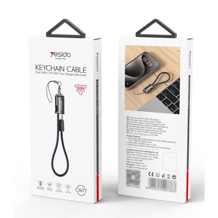 Yesido CA177 20CM 60W Type-C To Type-C OD4.0 Design With Premium Chips Zinc Alloy Portable Strip Data Cable - Image 4