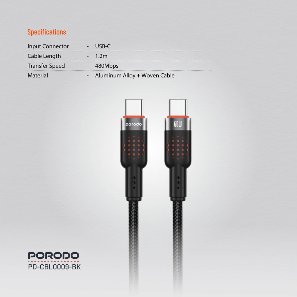 Porodo USB-C to USB-C Aluminum Braided Cable - Black - Image 2