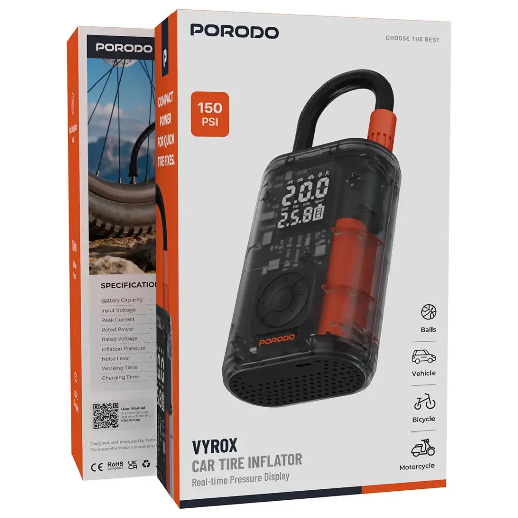 Porodo Vyrox Car Tire Inflator with Real-Time Pressure Display - Black - Image 4