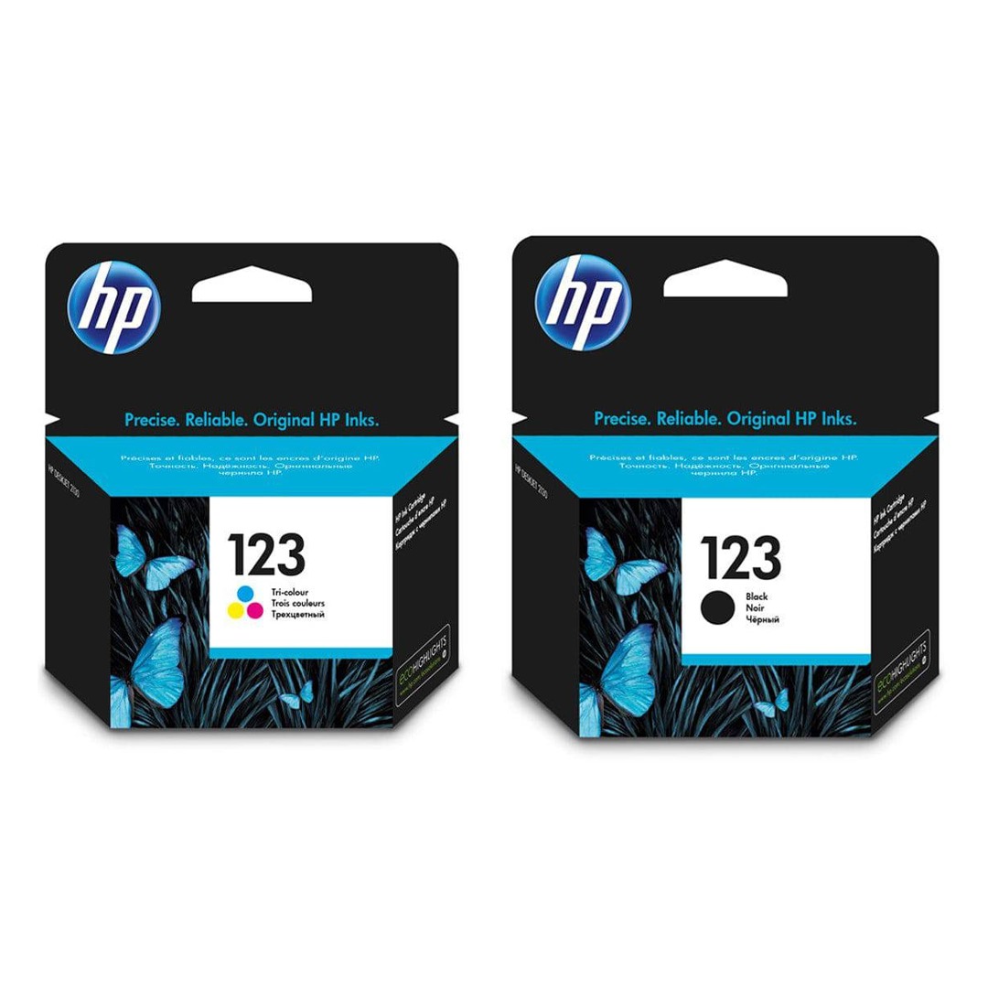 HP 123 Black Ink Cartridge 120 Pages – Black Color + HP 123 Tri-color Ink Cartridge 100 Pages