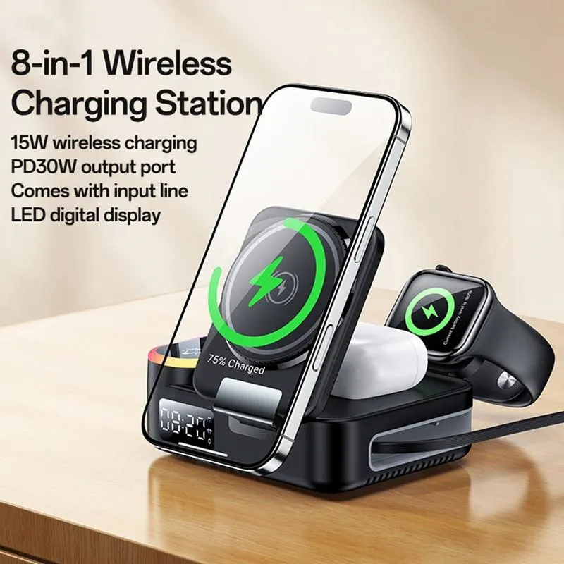 Yesido DS38 8-in-1 Magnetic Wireless Charging Station with Digital Clock 65W - Black - Image 2