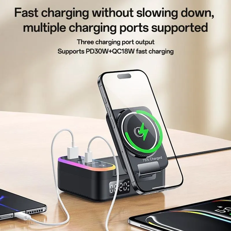 Yesido DS38 8-in-1 Magnetic Wireless Charging Station with Digital Clock 65W - Black - Image 3