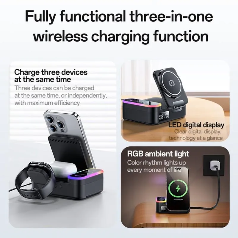 Yesido DS38 8-in-1 Magnetic Wireless Charging Station with Digital Clock 65W - Black - Image 4