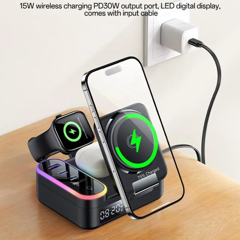 Yesido DS38 8-in-1 Magnetic Wireless Charging Station with Digital Clock 65W - Black - Image 6