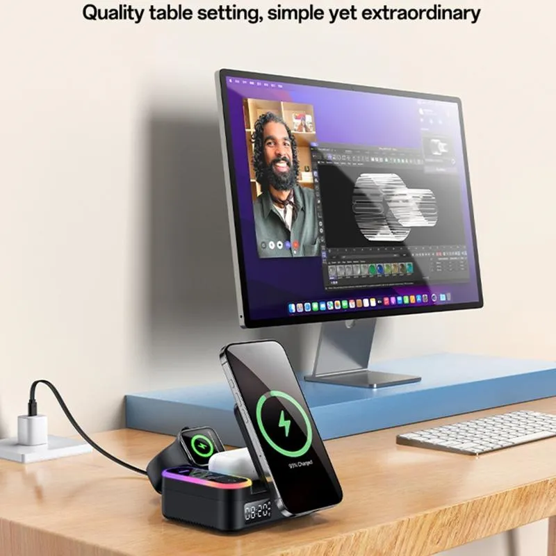 Yesido DS38 8-in-1 Magnetic Wireless Charging Station with Digital Clock 65W - Black - Image 7
